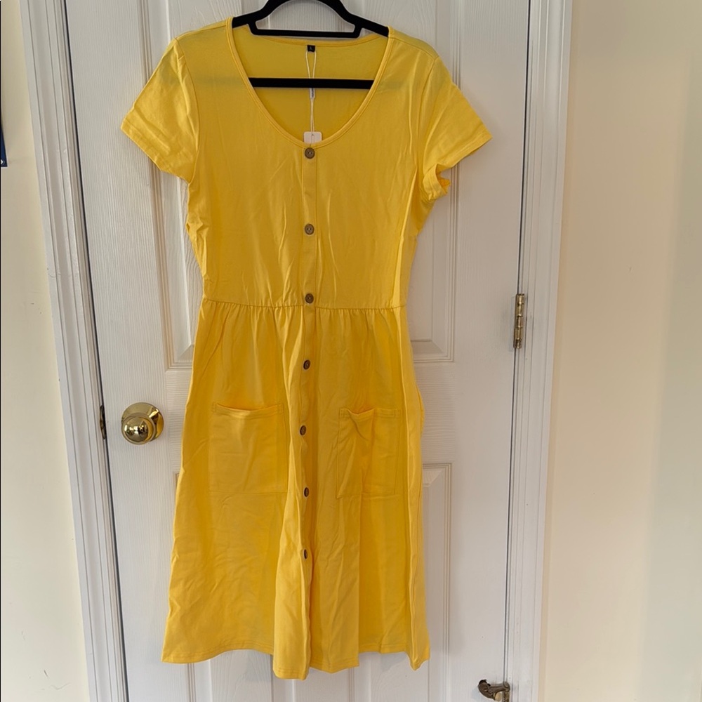 Yellow Cuffed Sleeve V-Neck Midi Sundress